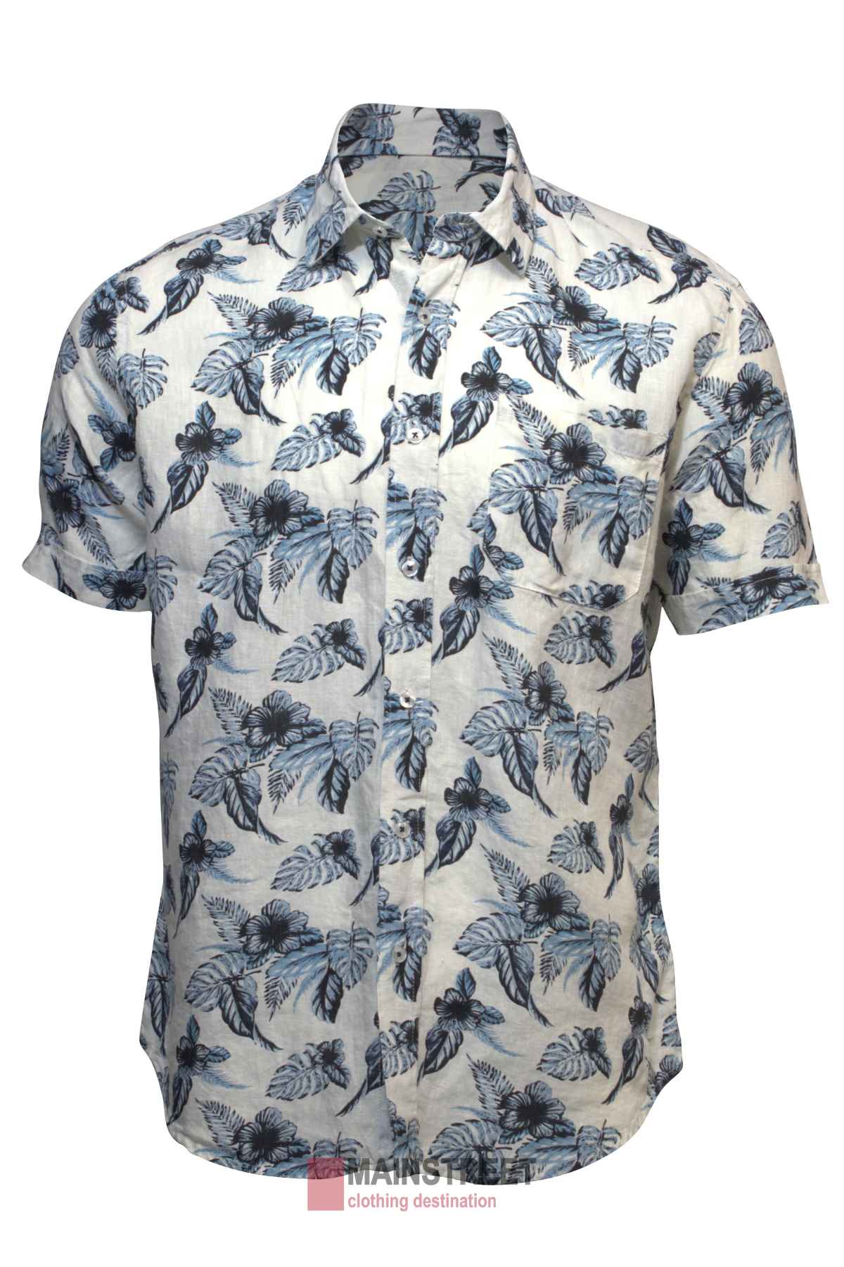 Discover the Back Bay Linen Print Short Sleeve Shirt, featuring a lightweight design with a white base and striking blue and black tropical leaf and parrot motifs. Ideal for summer excursions.
