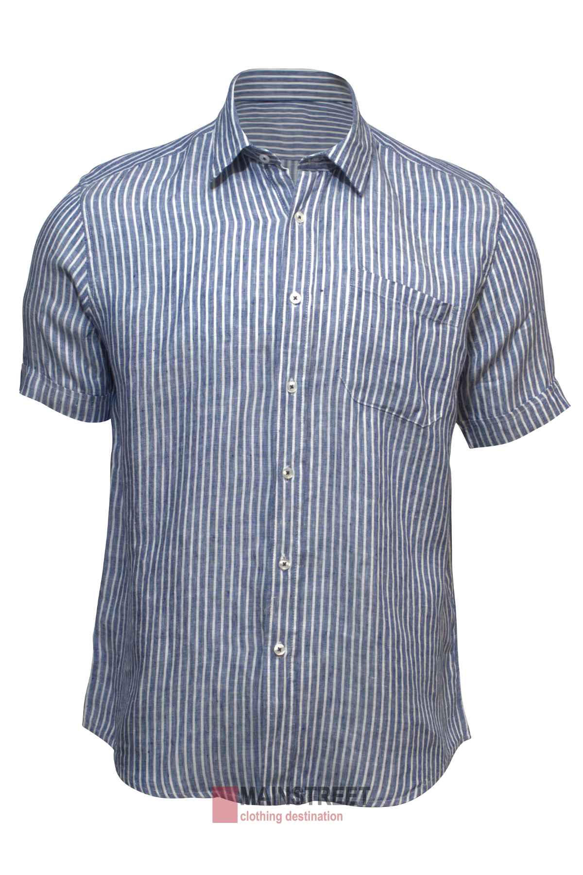 The Back Bay Linen Stripe Short Sleeve Shirt, featuring blue and white vertical stripes, short sleeves, buttons, and a front pocket, is perfect for warm weather. It is displayed on a white background.