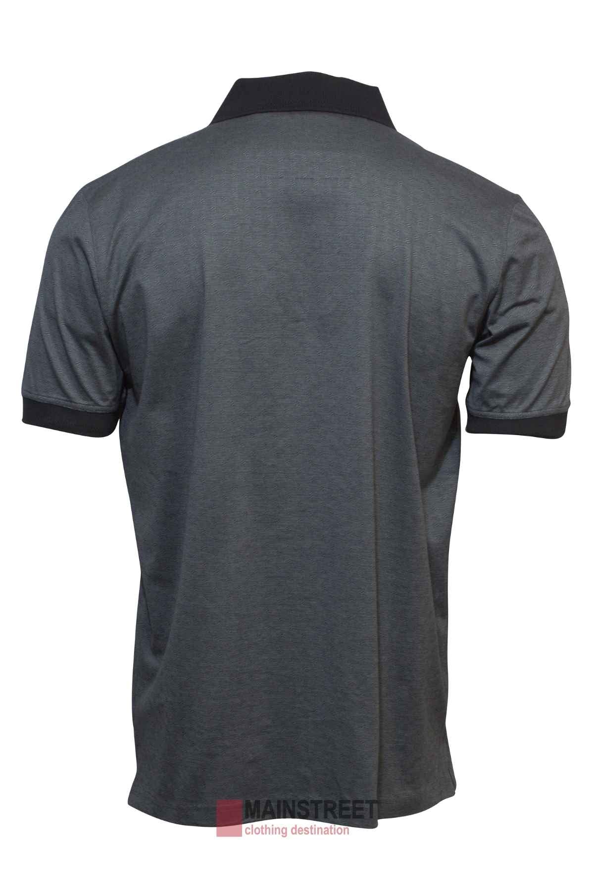 Rear view of the Back Bay Mercerised Cotton Jacquard Polo, featuring a gray body with black collar and sleeve trim. Made from mercerised cotton, this men's polo is plain with no visible patterns or logos.