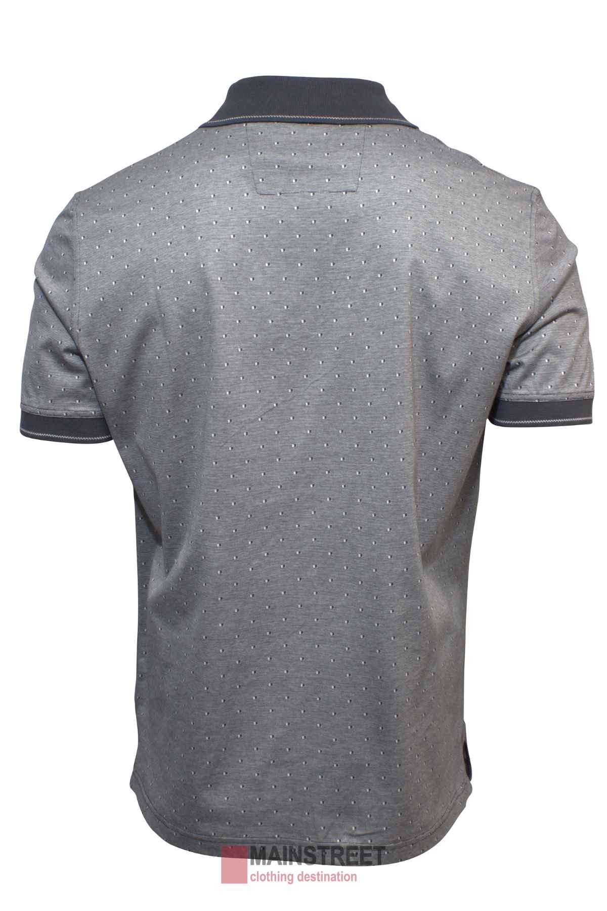 Displays the back of the Back Bay Mercerised Cotton Jacquard Polo in grey, with black collar and sleeve edges. It features a jacquard-like dotted pattern against a plain white background.