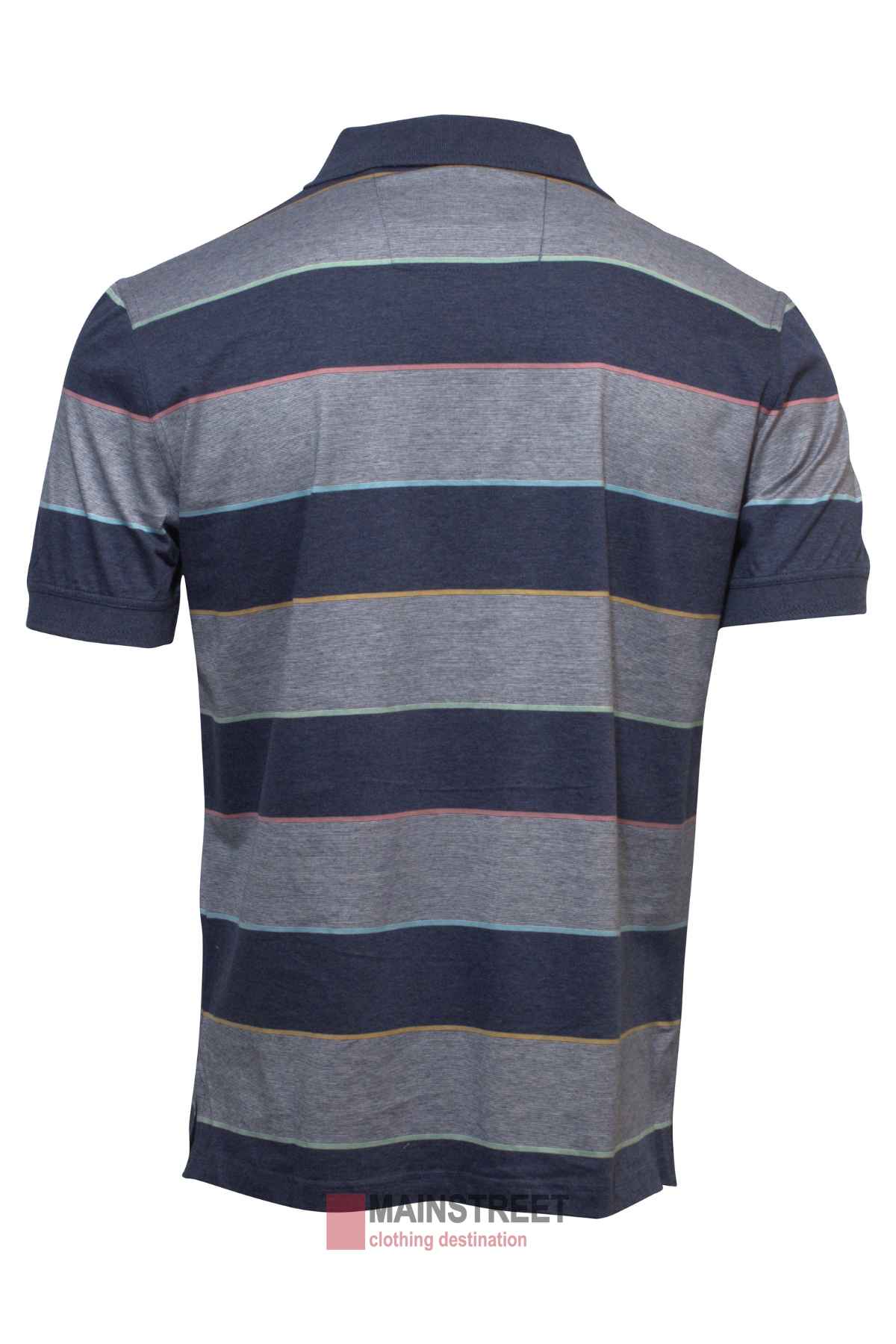 The Back Bay Mercerised Cotton Striped Polo features short sleeves, a collar, and horizontal stripes in grey, blue, and pink. Displayed from the rear on a white background.