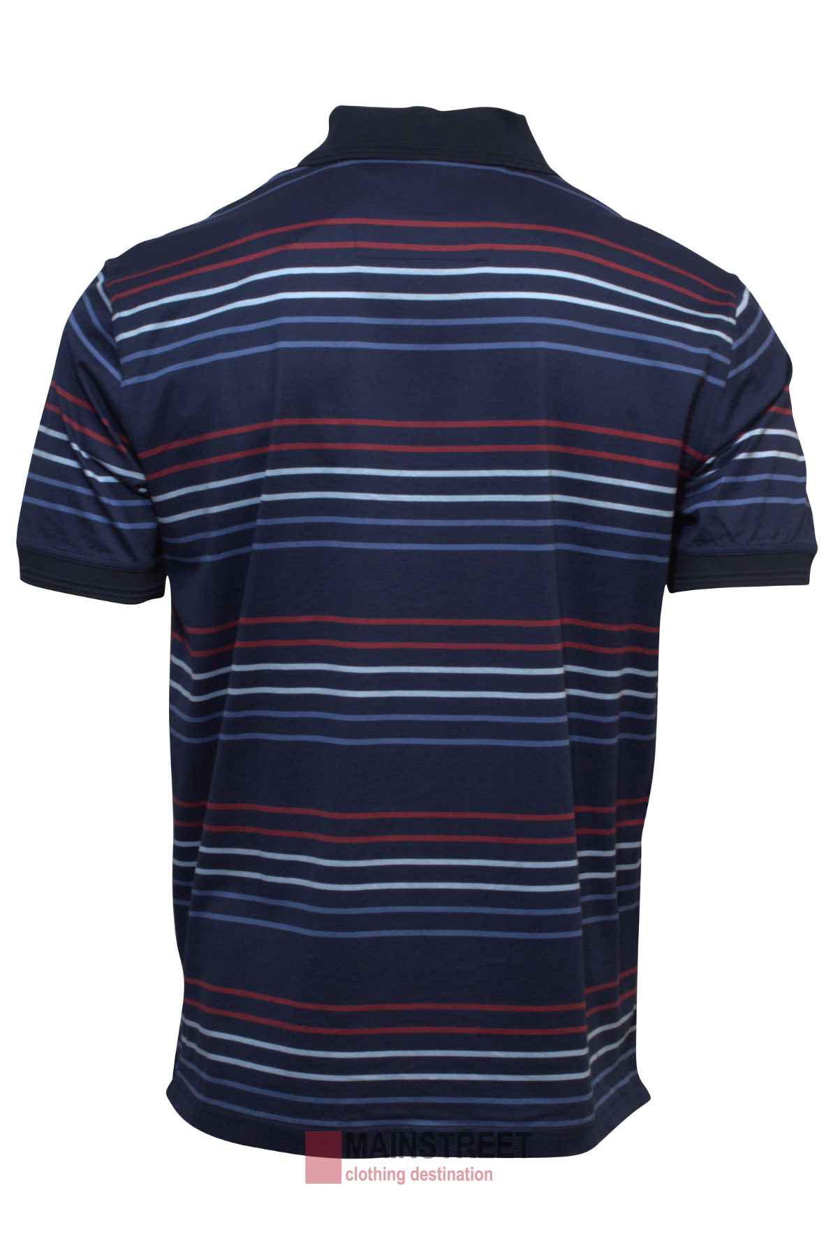 The Back Bay Mercerised Cotton Striped Polo is a men's navy blue shirt with horizontal red, white, and light blue stripes, shown from the back with a solid navy collar and sleeve cuffs.