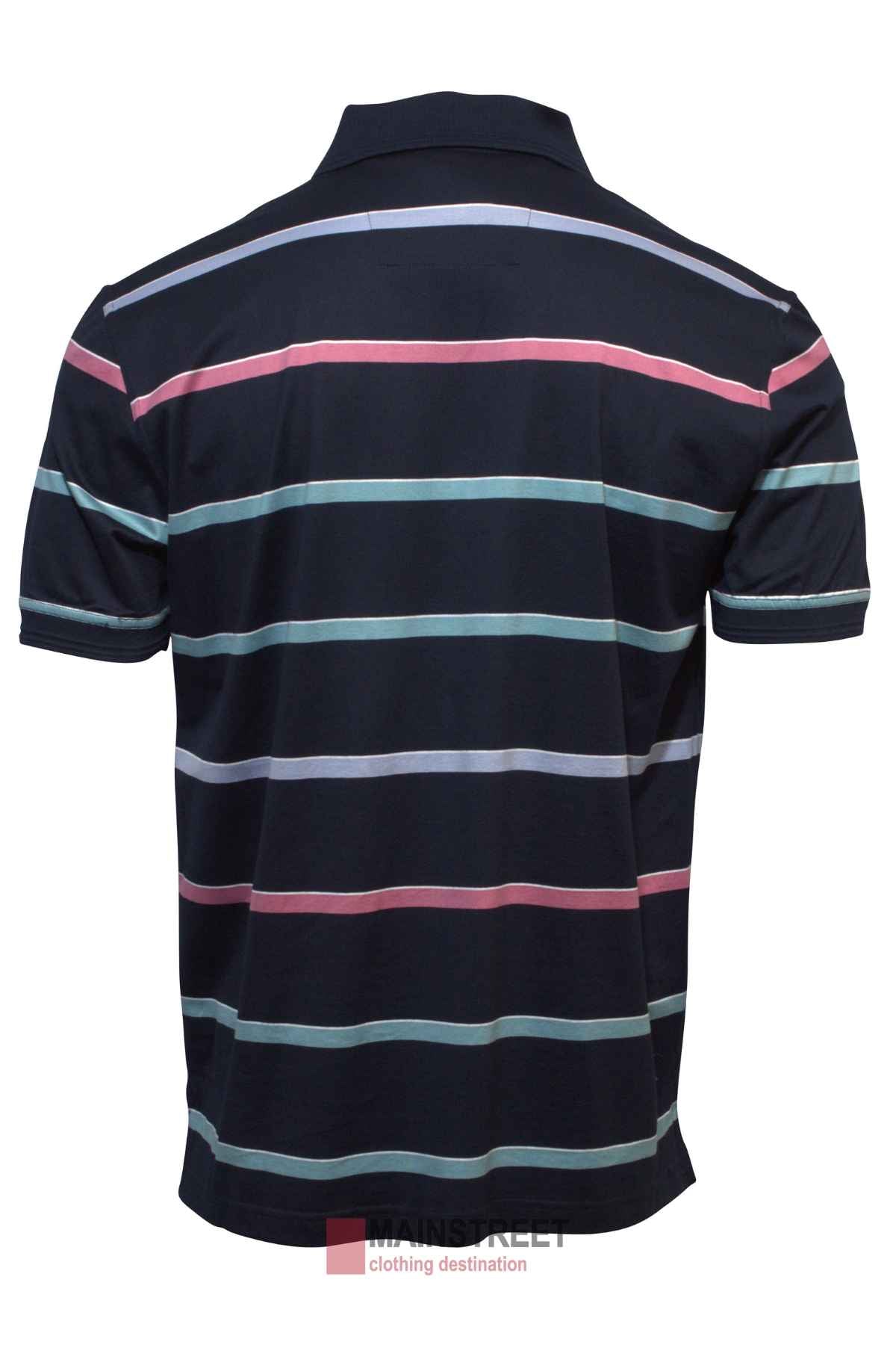 The Back Bay Mercerised Cotton Striped Polo is a men's short-sleeve, dark polo featuring horizontal pink, light blue, and white stripes, shown from the back.