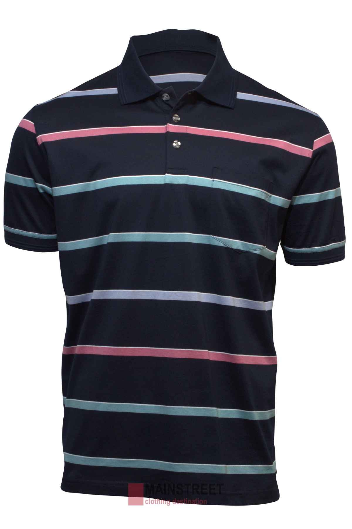 The Back Bay Mercerised Cotton Striped Polo is a navy blue men's shirt with a collar, thin pink, light blue, and white stripes, a buttoned placket, and a chest pocket for classic style.