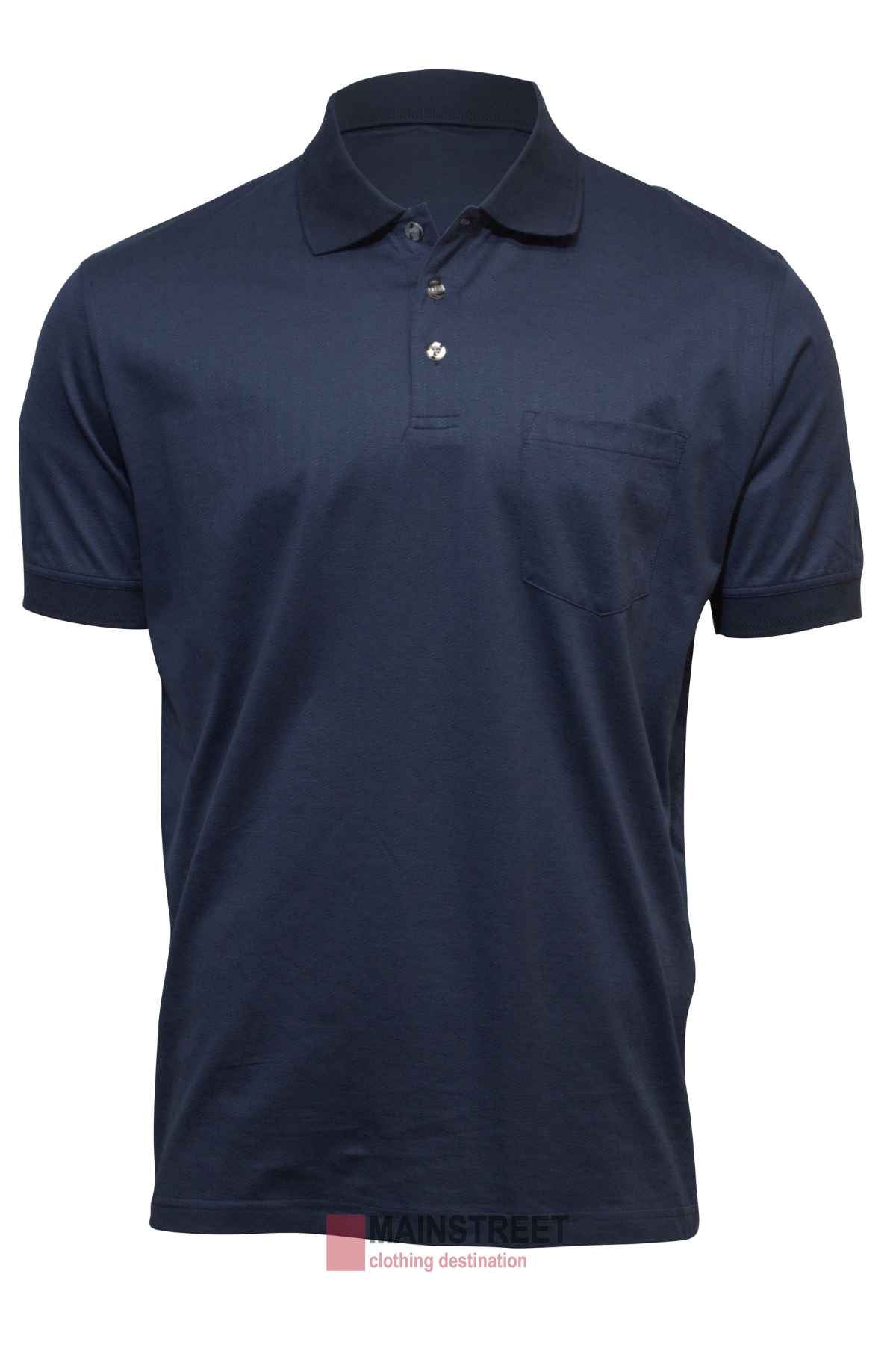 The Back Bay Mercerised Cotton Jacquard Polo for men in navy features soft mercerised cotton, short sleeves, a collar, three-button placket, and a chest pocket—all shown on a plain white background.