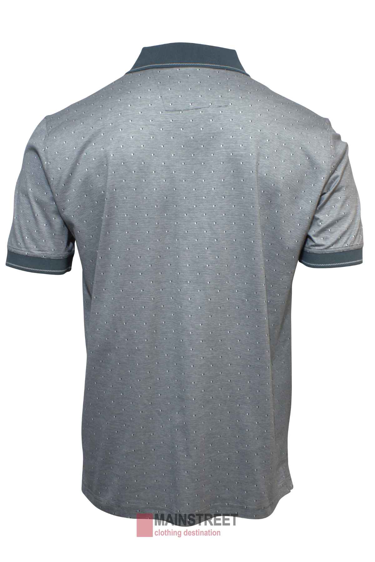The Back Bay Mercerised Cotton Jacquard Polo for men features a gray dotted pattern, dark gray collar and cuffs, is shown from the back, and has the Mainstreet Clothing Destination logo at the bottom.