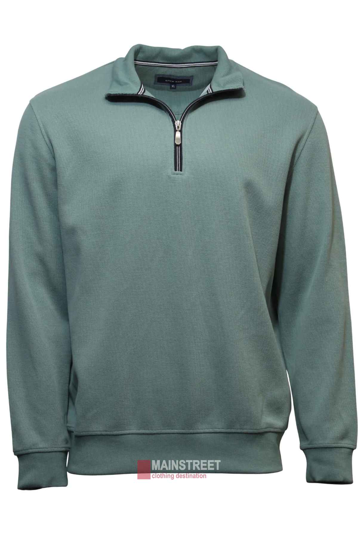 A Back Bay Peached French Rib Fleece in sage green with a stand collar, black quarter-zip, and rib knit texture is shown on a plain white background. The Mainstreet Clothing Destination logo appears at the bottom center of the image.