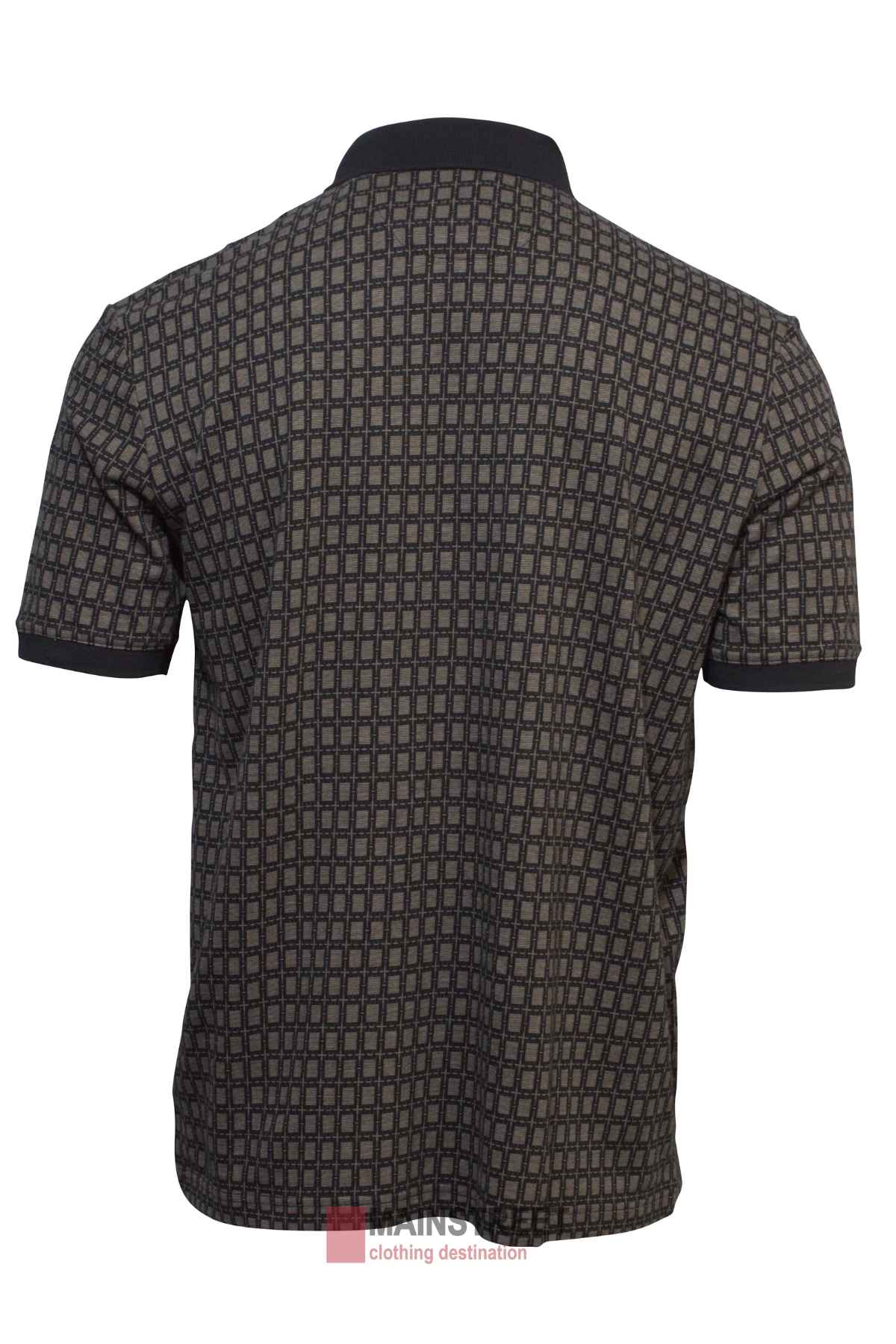 Back view of the Back Bay Pima Cotton Jacquard Polo with a black collar and sophisticated jacquard pattern of small gray and black squares.