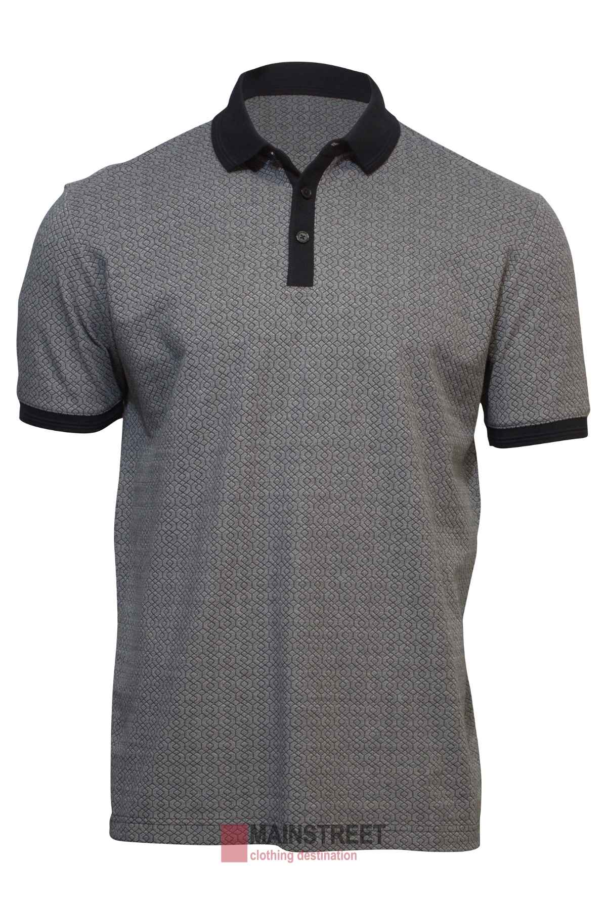 Discover the Back Bay Pima Cotton Jacquard Polo: a gray short-sleeve shirt featuring a subtle jacquard pattern with black collar and cuffs. Crafted for the stylish gentleman, it boasts a buttoned placket for an effortlessly sophisticated look.