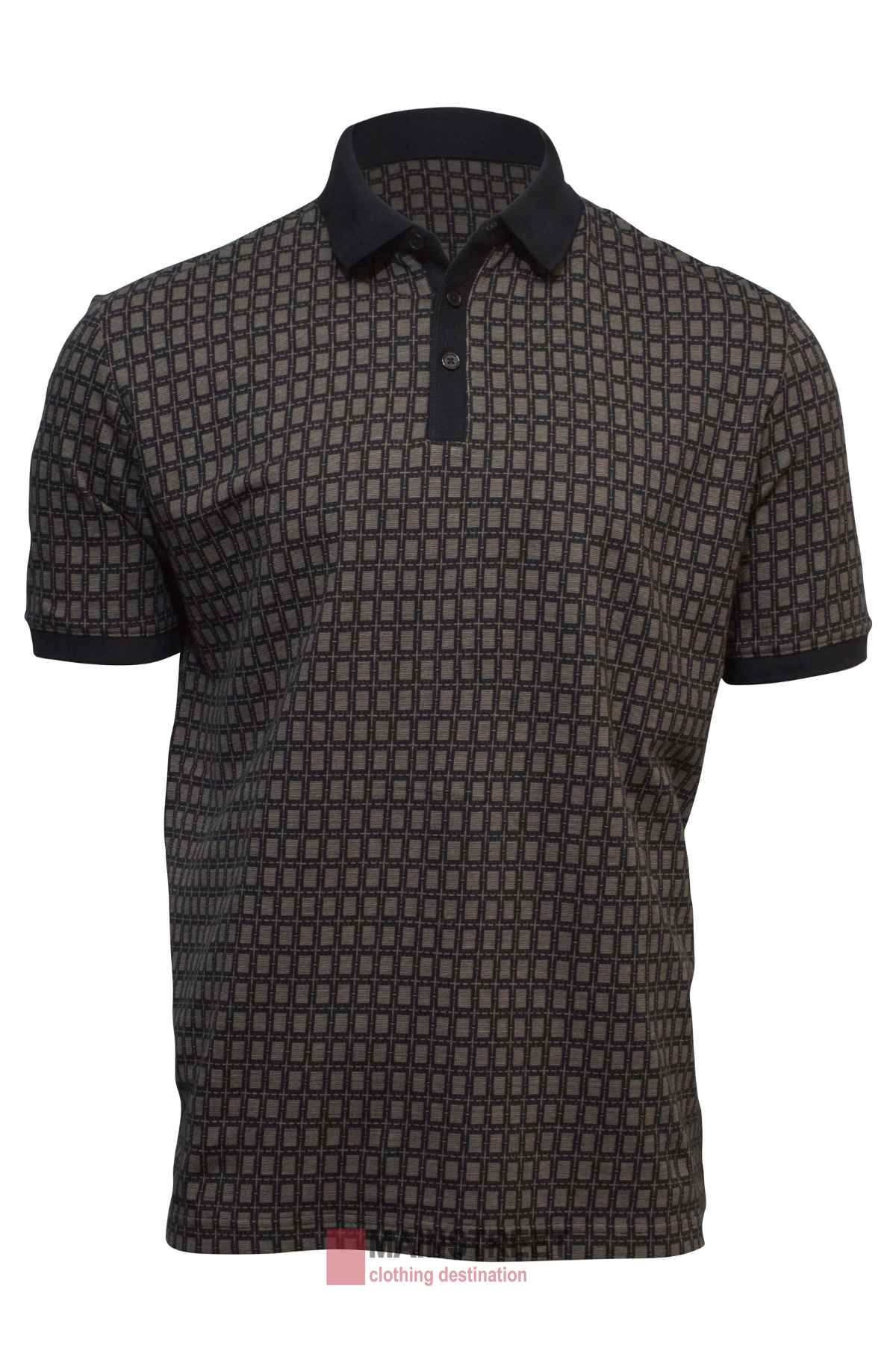 The Back Bay Pima Cotton Jacquard Polo stylishly combines comfort and sophistication with a trendy black and gray square pattern, black collar, and three-button placket on short sleeves.