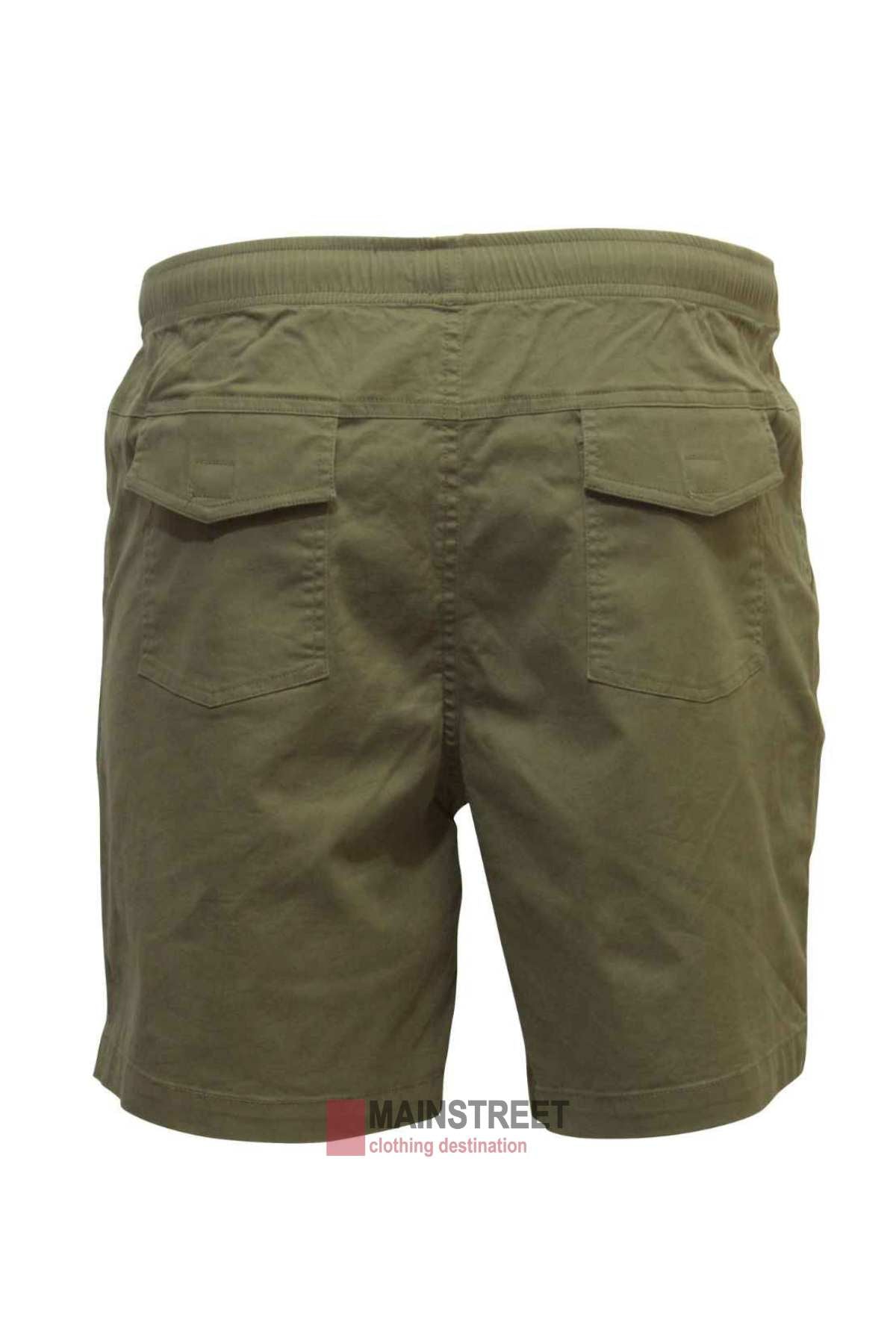 Back view of the Back Bay Stretch Cotton Drill Rugger Short in olive green, featuring an elastic waist and two flap pockets. Made from lightweight stretch cotton, these shorts are ideal for everyday wear.