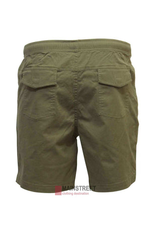 Back view of the Back Bay Stretch Cotton Drill Rugger Short in olive green, featuring an elastic waist and two flap pockets. Made from lightweight stretch cotton, these shorts are ideal for everyday wear.