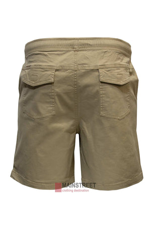 Rear view of the Back Bay Stretch Cotton Drill Rugger Short featuring two back pockets and a logo at the bottom that reads "Mainstreet clothing destination." Made from premium stretch cotton for added comfort.