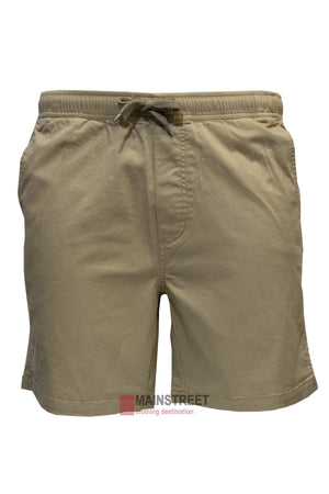 Beige Back Bay Stretch Cotton Drill Rugger Shorts with an elastic waistband and drawstring, featuring side pockets. Made from premium stretch cotton, the "Mainstreet" branding is visible near the bottom.