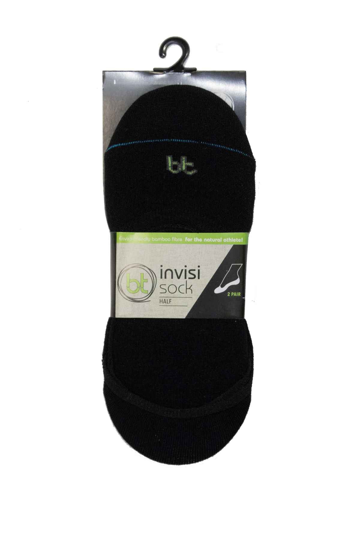 A pair from the Bamboo Invisi 2 Pack Sock collection is packaged featuring the logo and text emphasizing the moisture-wicking properties of bamboo fiber. Engineered for athletes, these socks made of antibacterial fabric include a top hook for convenient hanging.