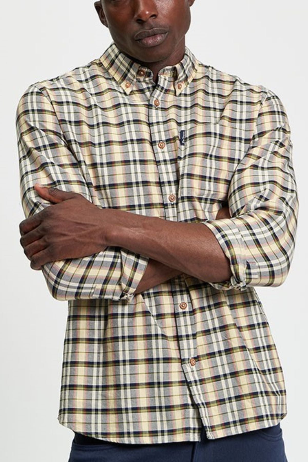 A person wearing the Ben Sherman Multicolour Oxford Check Shirt with yellow, black, and white plaid has their arms crossed, showing only the upper body against a plain background.