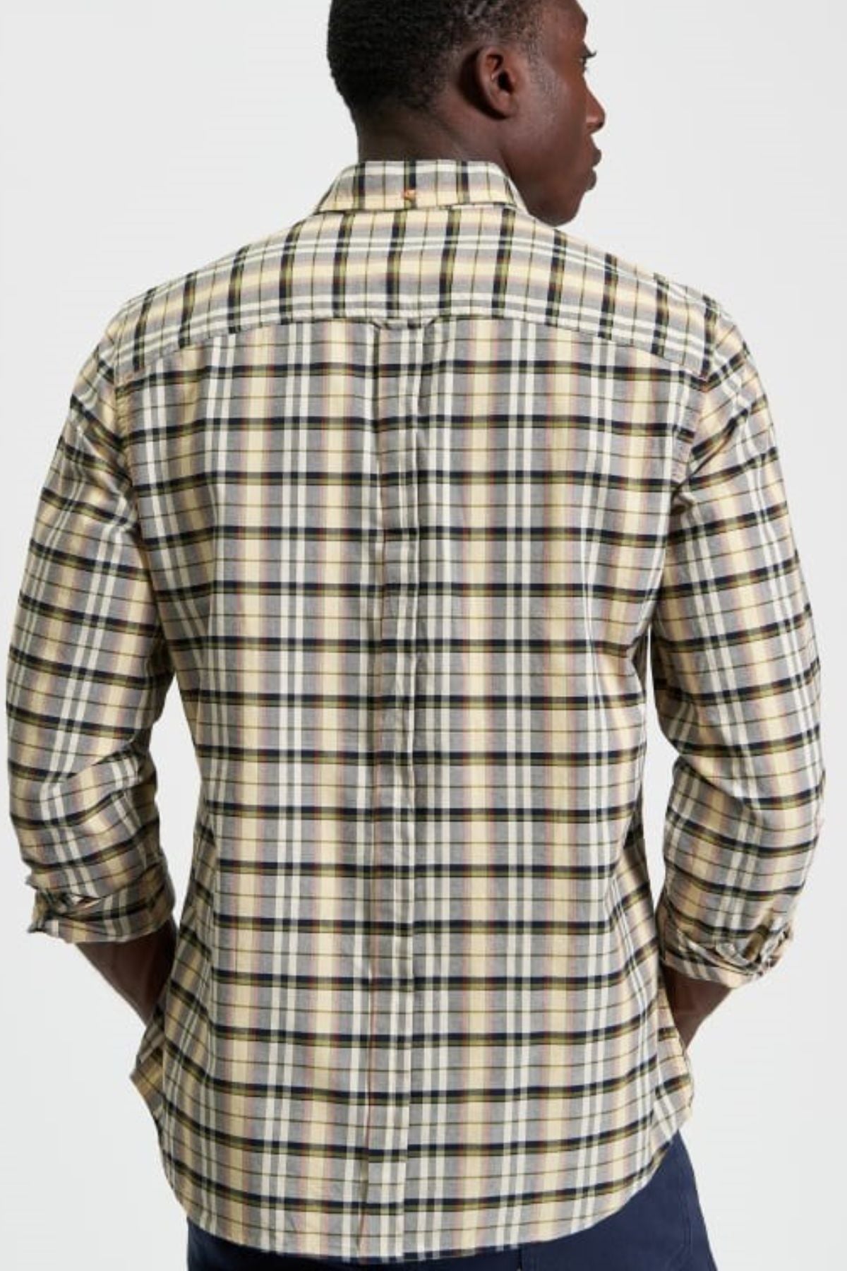 A man is seen from behind wearing the Ben Sherman Multicolour Oxford Check Shirt—a long-sleeved, button-up with a beige, yellow, and black plaid pattern—standing against a plain white background with his hands at his sides.
