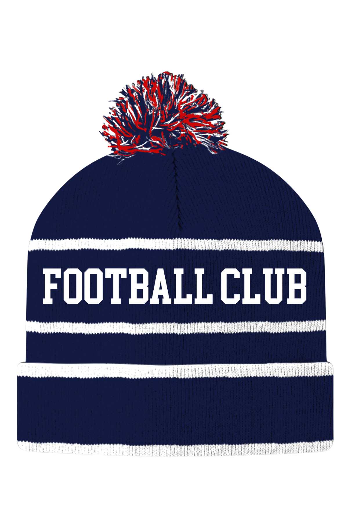The Berridale Football Club Beanie is navy blue with white stripes, a red, white, and navy pom-pom, and "FOOTBALL CLUB" in bold white letters across the front.