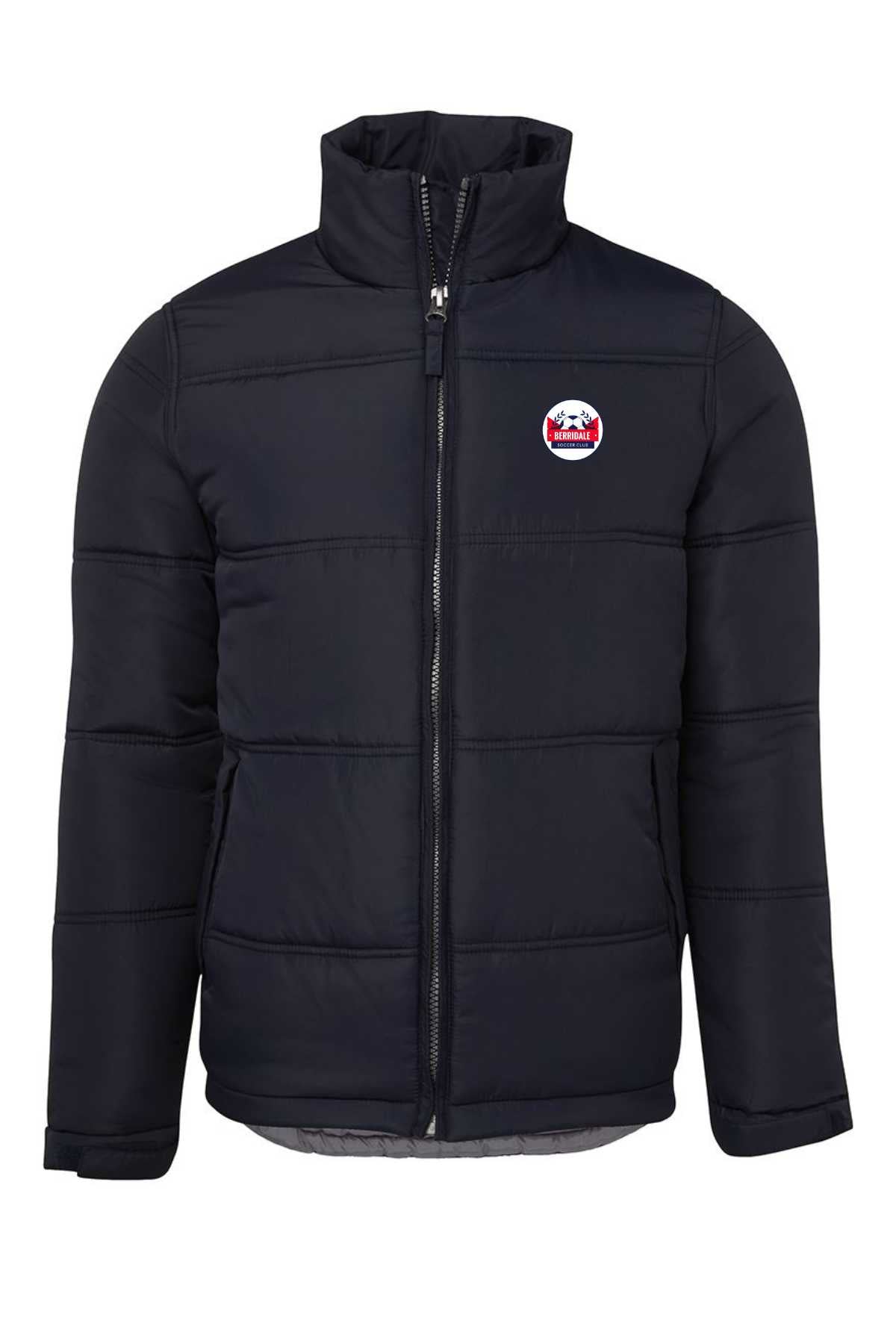 Pre-order the sleek black Berridale Football Club Puffer Jacket with a front zipper, upright collar, and a small circular logo on the left chest.