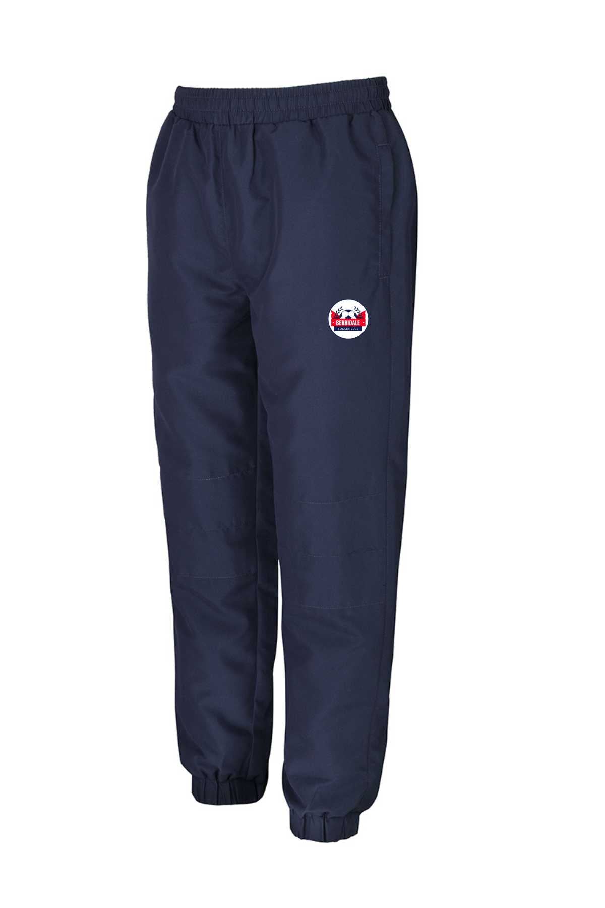 Navy blue Berridale Football Club Trackpant with elastic waistband and cuffs, featuring a small red and white round logo on the left thigh. Pre-order item; minimum order quantity may apply.