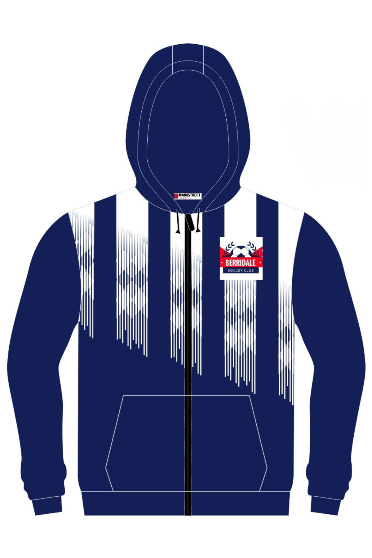 Pre-order the Berridale Football Club Full Zip Polar Fleece Hoodie—navy blue with white vertical streaks, front pockets, drawstring hood, and a red/white club logo on the left chest.