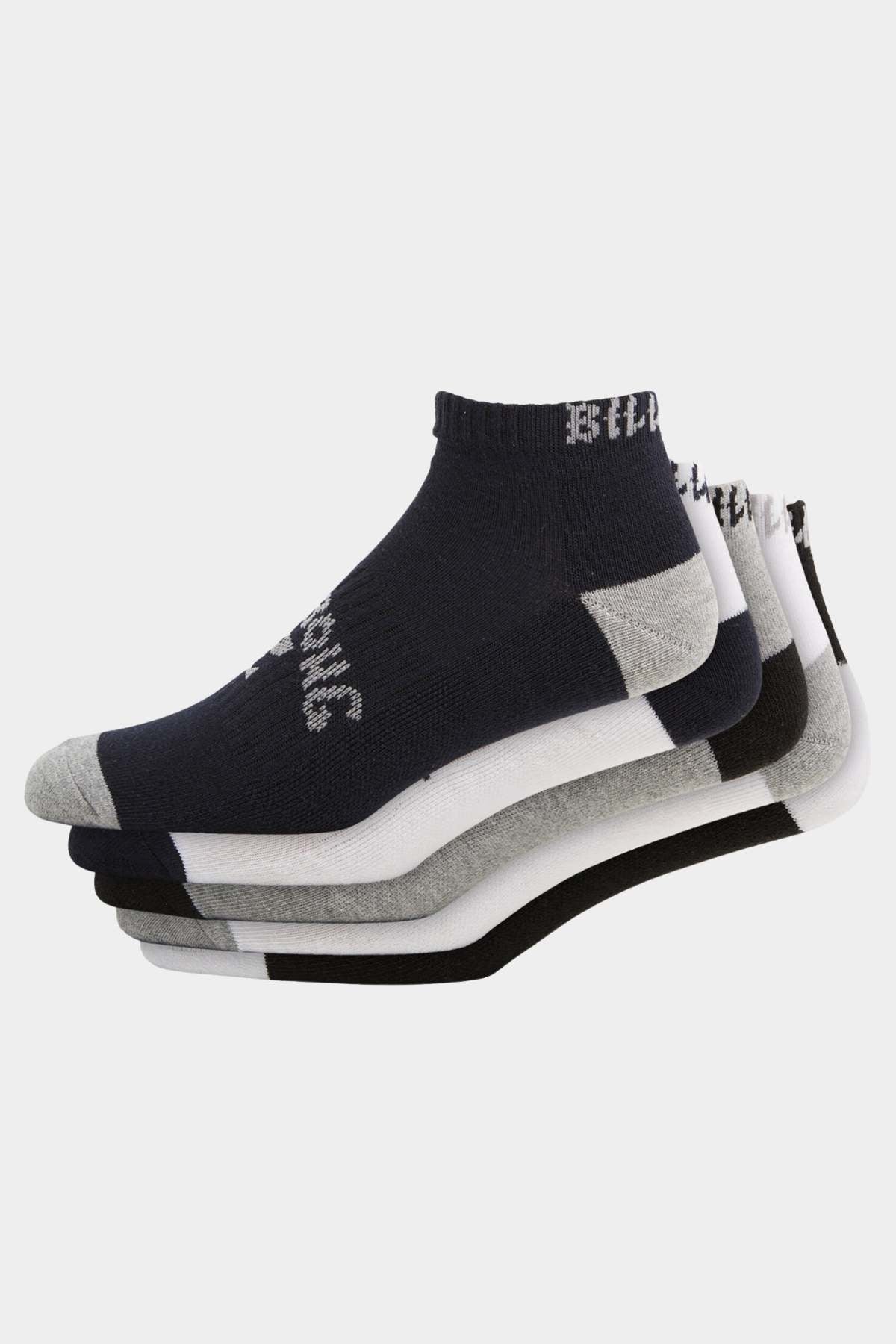 The Billabong Ankle Sock 5 Pack features five pairs in black, grey, and white with contrast heels and toes. Each ribbed cuffed sock has a small white logo near the top, reflecting Billabong's signature style while providing comfort and flair.