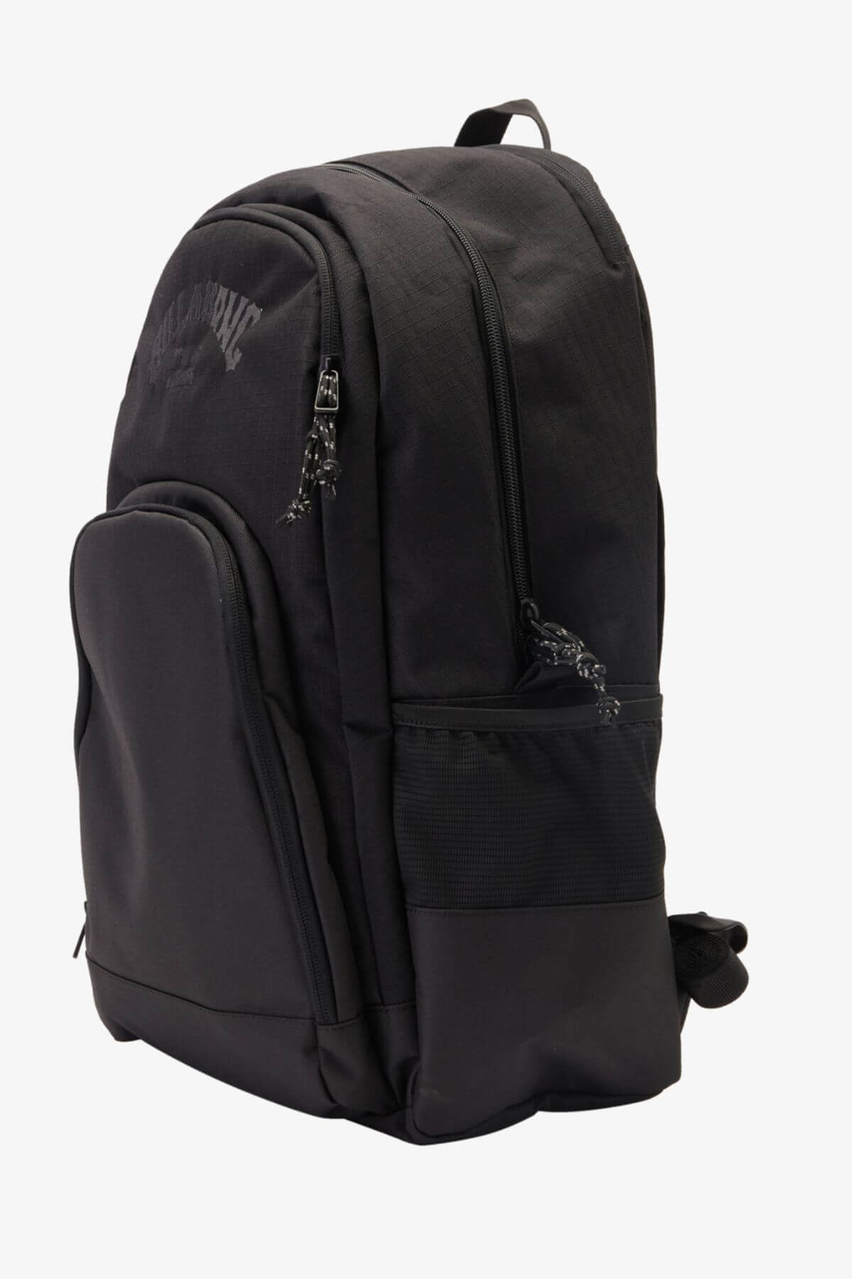 The Billabong Command Backpack, shown in black on a white background, features multiple zippered compartments, a padded laptop section, a top handle, and is made from recycled polyester.