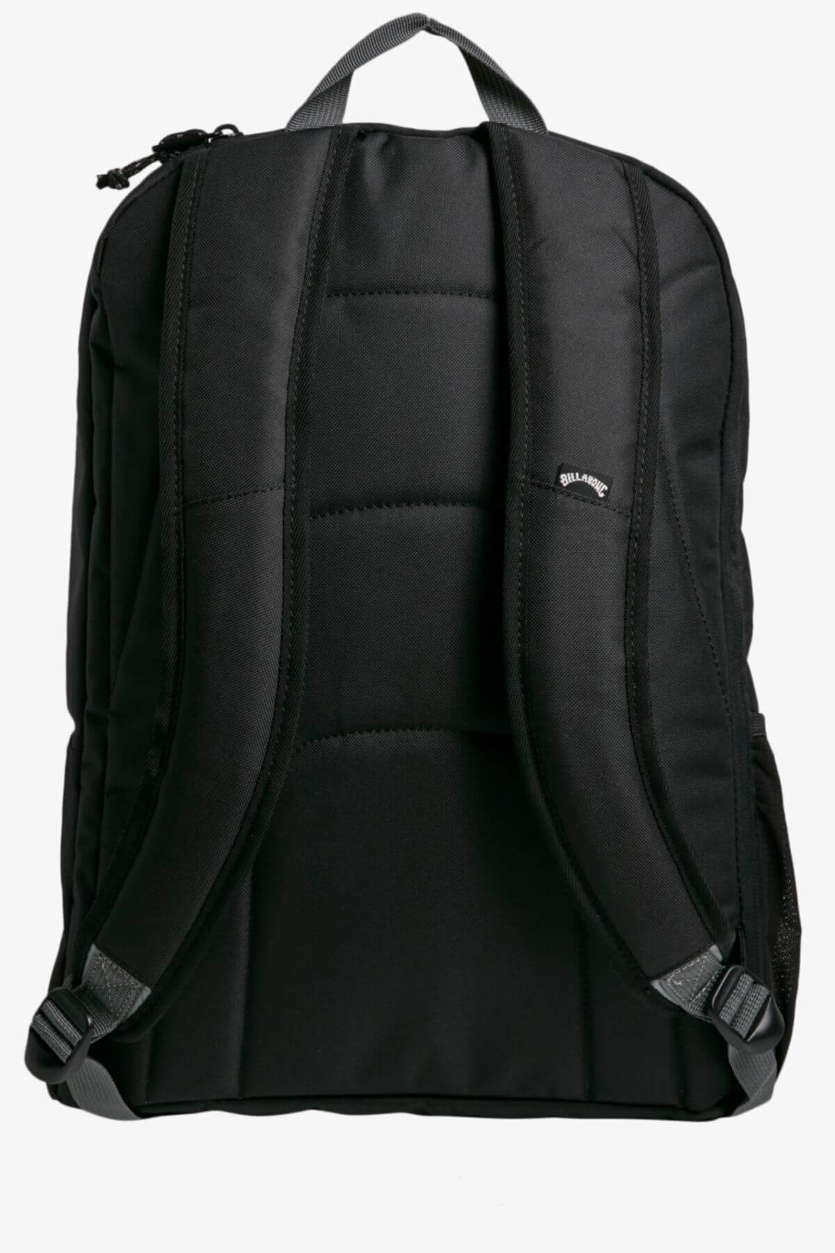 The Billabong Juggernaut Backpack showcases adjustable padded shoulder straps, a top handle, and a side pocket with a logo tag. Inside, it includes a laptop compartment for easy organization.