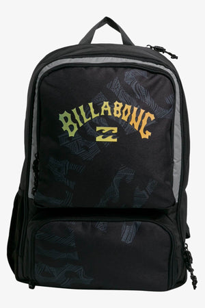 The Billabong Juggernaut Backpack is a sleek black bag with a central laptop compartment, spacious front pocket featuring "Billabong" and the wave logo in yellow, grayish patterns, adjustable padded shoulder straps, and a convenient top handle.