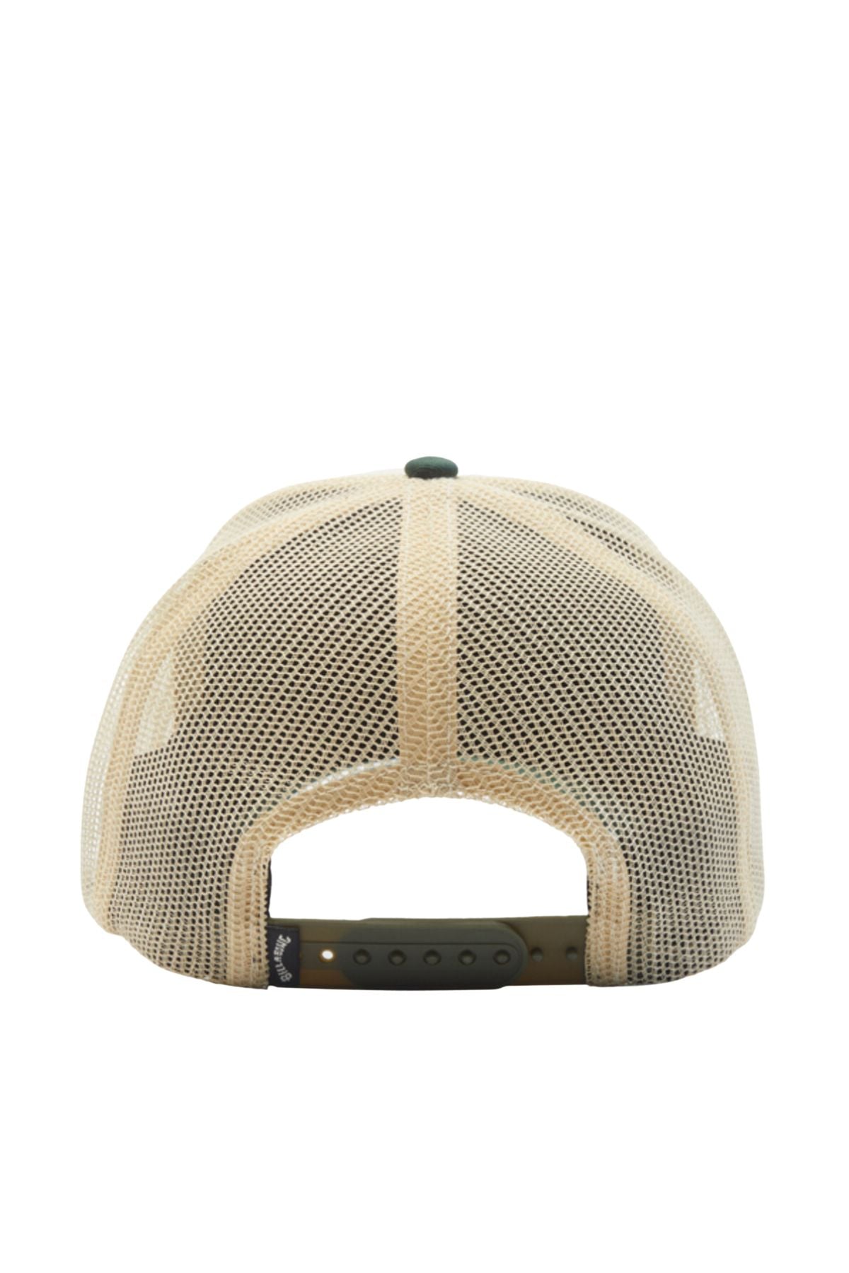 The back view of the Billabong Walled A/DIV Trucker hat displays a beige mesh design crafted from recycled polyester, paired with an adjustable green strap for snapback closure. Its breathable design makes it ideal for casual, everyday wear.