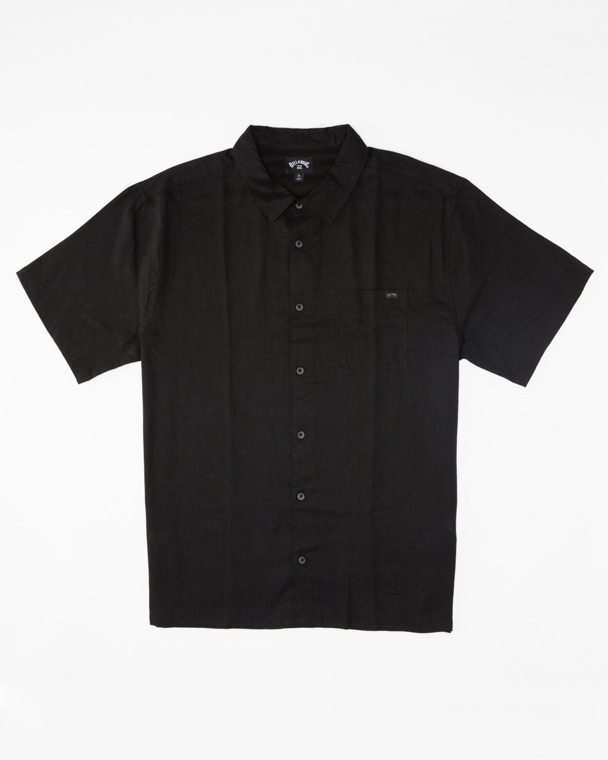The Billabong Everyday Solid Short Sleeve Shirt is black, lightweight, with a collar and a single left chest pocket, made from a Linen Lyocell Blend. It is displayed on a white background.