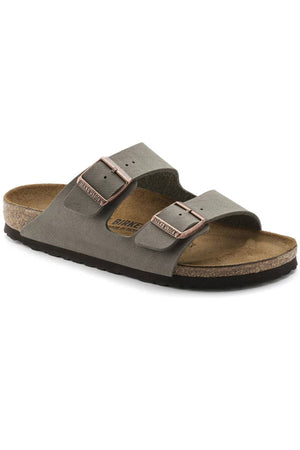 The Birkenstock Arizona sandal features a gray color, two adjustable buckles, a contoured comfort footbed, and a black sole, shown from a side angle.