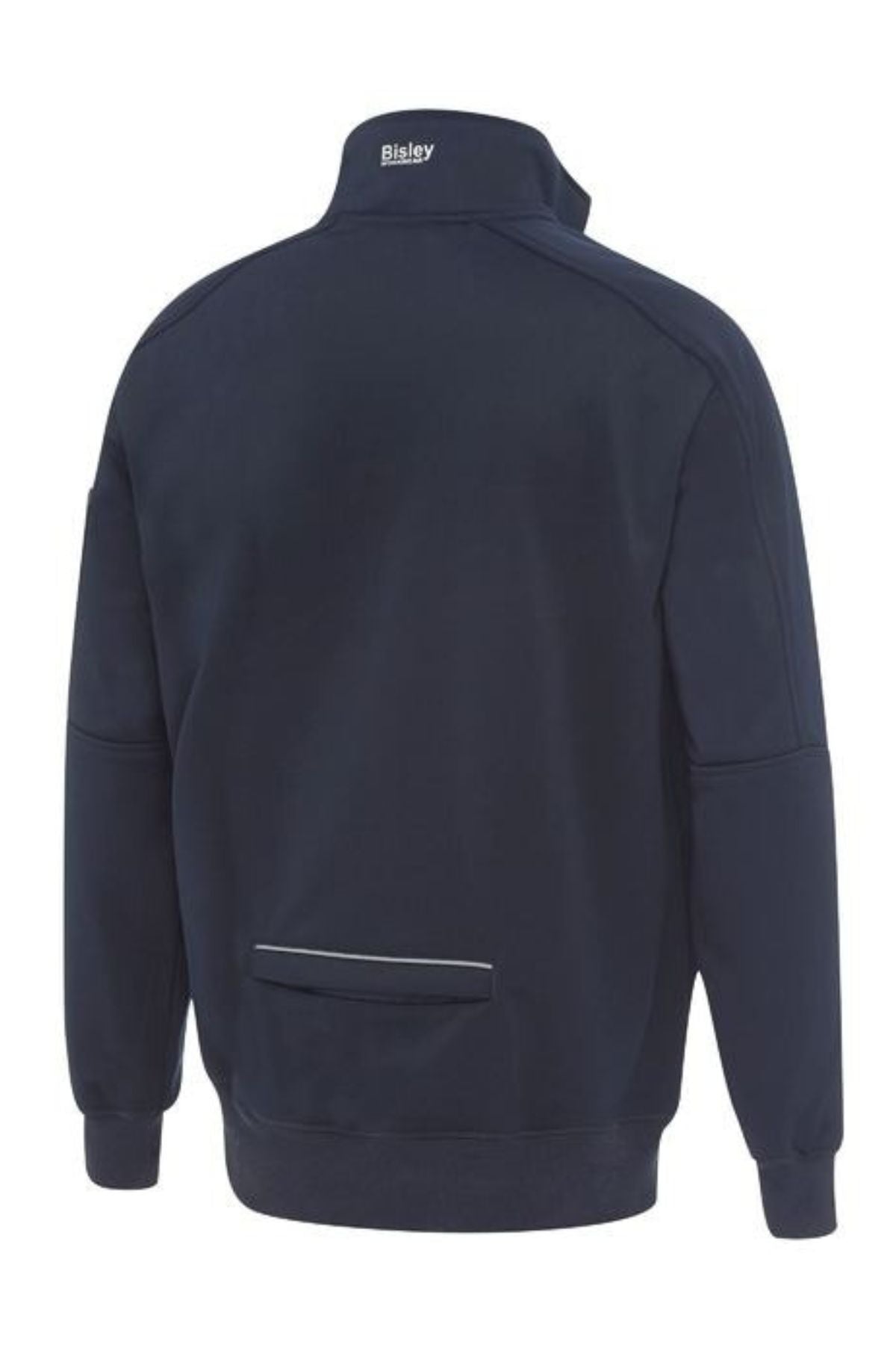 The Bisley 1/4 Zip Sherpa Lined Fleece, in navy blue, features a high collar, long sleeves, warm fleece lining, a zippered lower back pocket, and "Bisley" branding below the collar on the upper back.