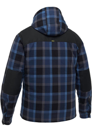 The Bisley Contrast Check Zip Front Hoodie features a blue and black plaid design, hood, zip front, black shoulder panels and elbow patches. Shown from the back with buttoned cuffs and a relaxed fit.