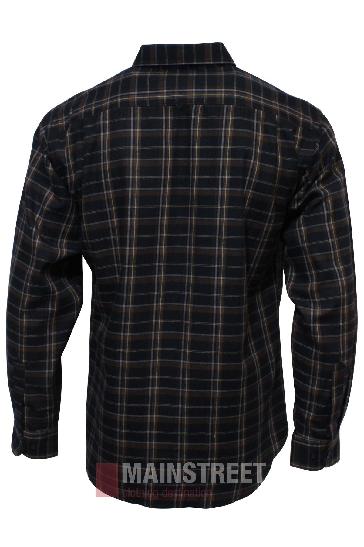 The Bisley Countryman Brushed Shirt is a long-sleeve, button-up polyester cotton shirt with a dark blue, black, and white plaid pattern, shown from the back with a collar against a white background.