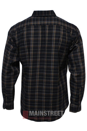 The Bisley Countryman Brushed Shirt is a long-sleeve, button-up polyester cotton shirt with a dark blue, black, and white plaid pattern, shown from the back with a collar against a white background.
