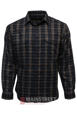 The Bisley Countryman Brushed Shirt, a long-sleeve button-up flannel in black, brown, and cream plaid with two chest pockets, is shown on a plain background with the "Mainstreet" logo at the bottom.