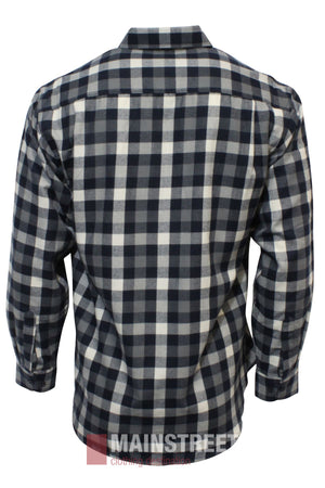 A long-sleeve, button-up Bisley Countryman Brushed Shirt in a black, gray, and white plaid is shown from the back. The shirt has a collar, cuffs, and the MAINSTREET logo partially visible at the bottom.