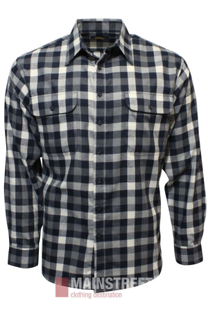 The Bisley Countryman Brushed Shirt is a long-sleeved, button-up polyester-cotton shirt in black, white, and gray check plaid, featuring two front chest pockets with flap and button closures.