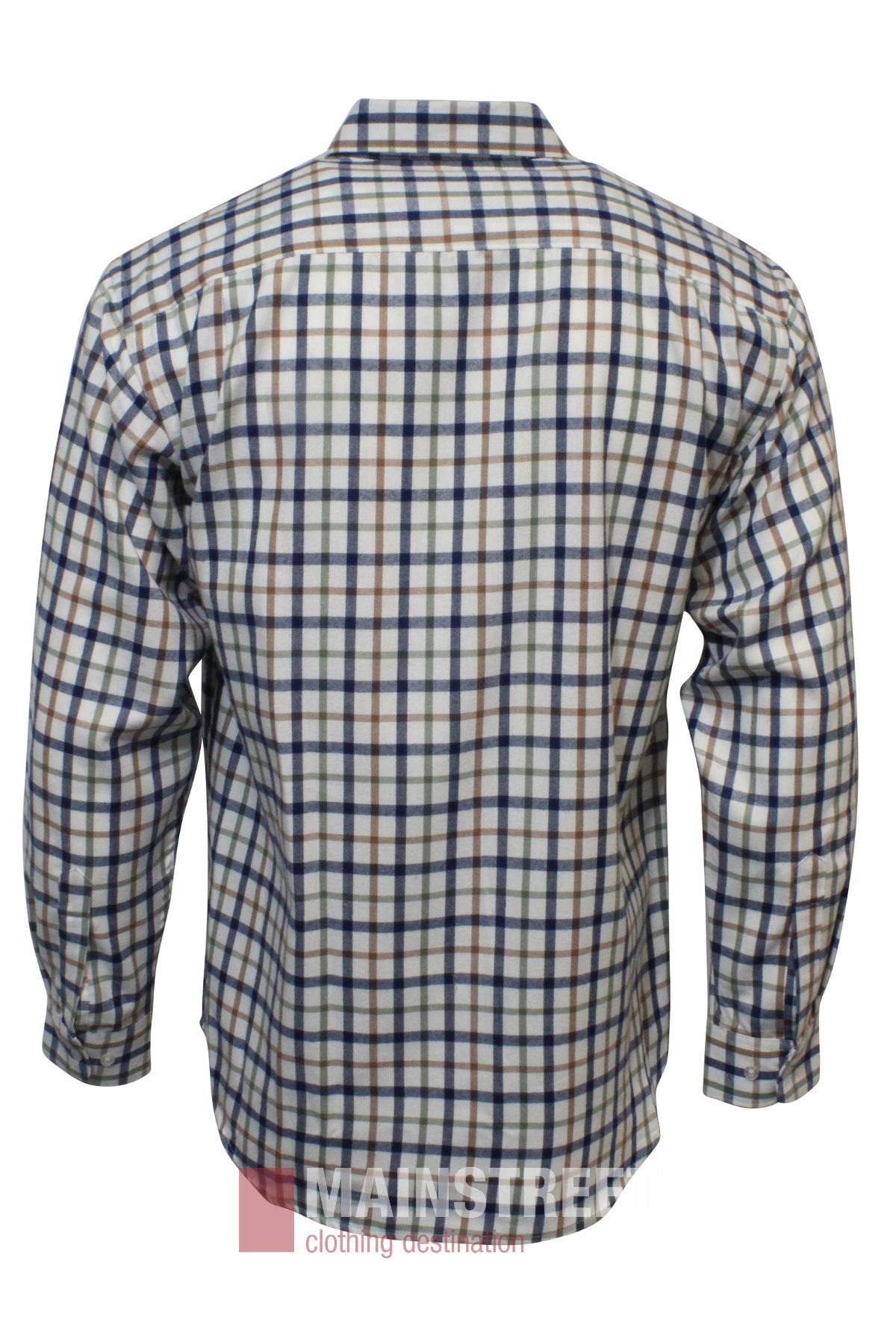 The Bisley Countryman Brushed Shirt, shown from the back, features long sleeves, a button-up front, and a brown, navy, and white checkered plaid pattern.