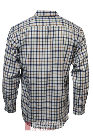 The Bisley Countryman Brushed Shirt, shown from the back, features long sleeves, a button-up front, and a brown, navy, and white checkered plaid pattern.