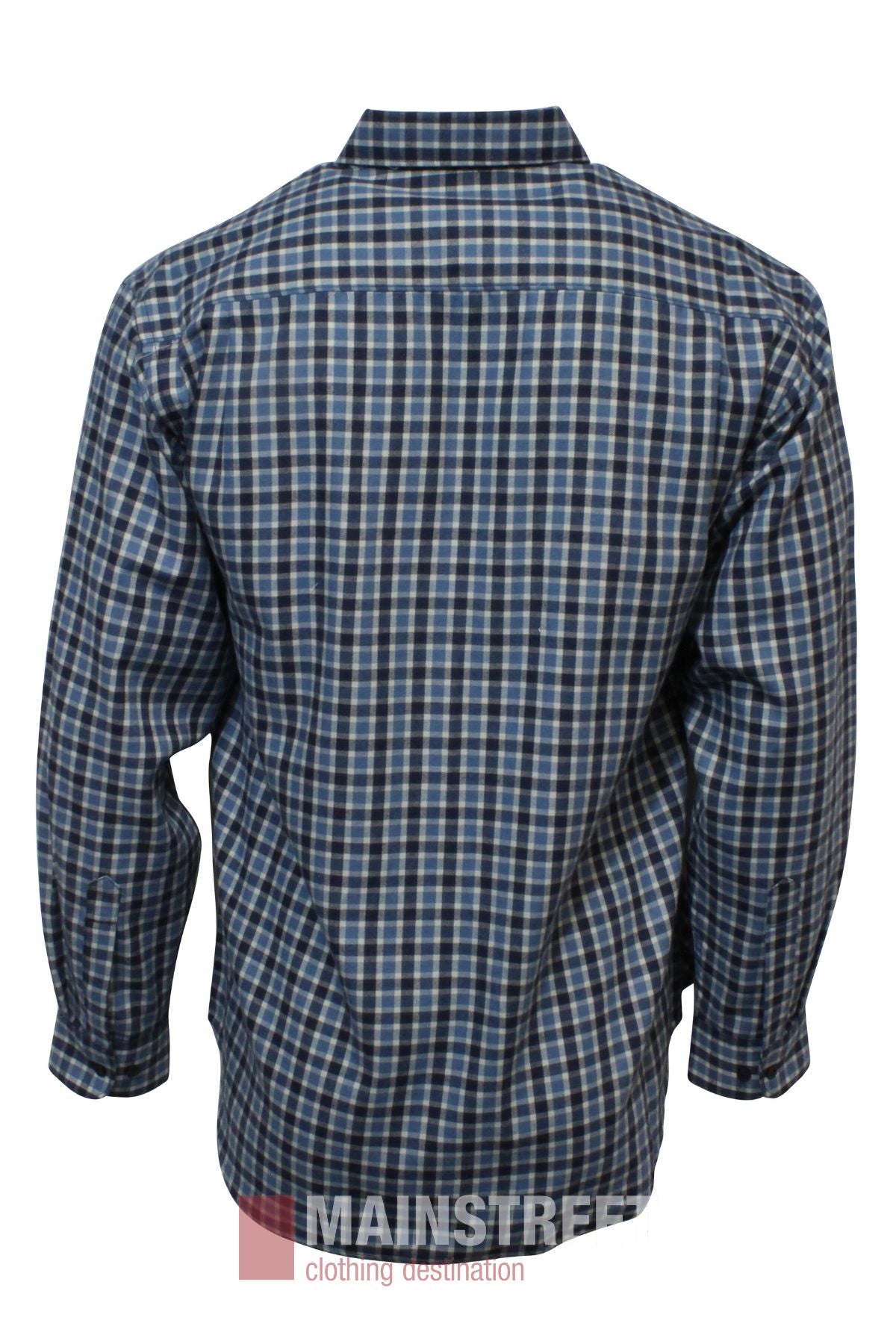 The Bisley Countryman Brushed Shirt, shown from the back against a white background, features long sleeves, button-up style, and a blue, white, and gray plaid pattern.