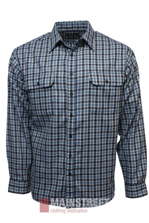 The Bisley Countryman Brushed Shirt is a men's long-sleeve, button-up in blue, white, and gray plaid with two chest pockets featuring button flaps.
