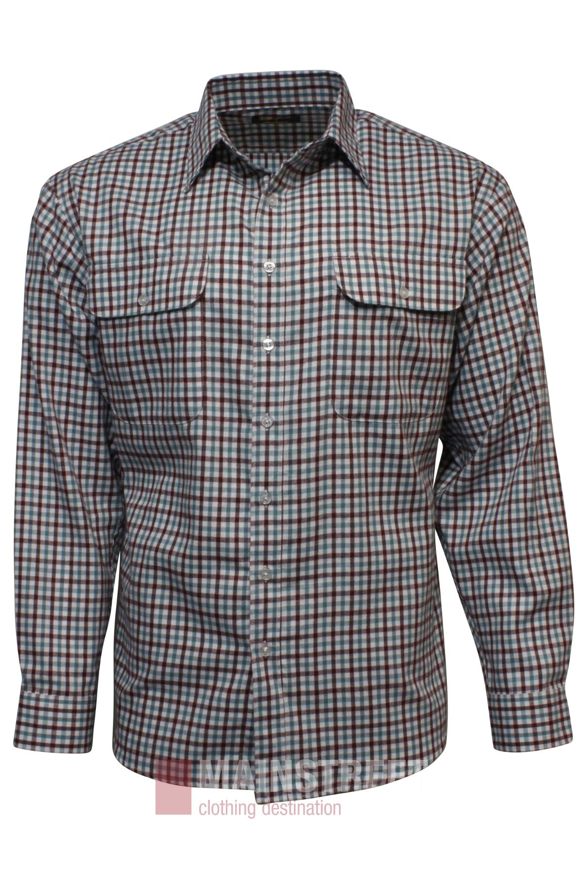 The Bisley Countryman Brushed Shirt is a long-sleeved, button-up shirt with a red, blue, and white plaid pattern, two chest pockets, and a classic collar, shown on a plain white background.