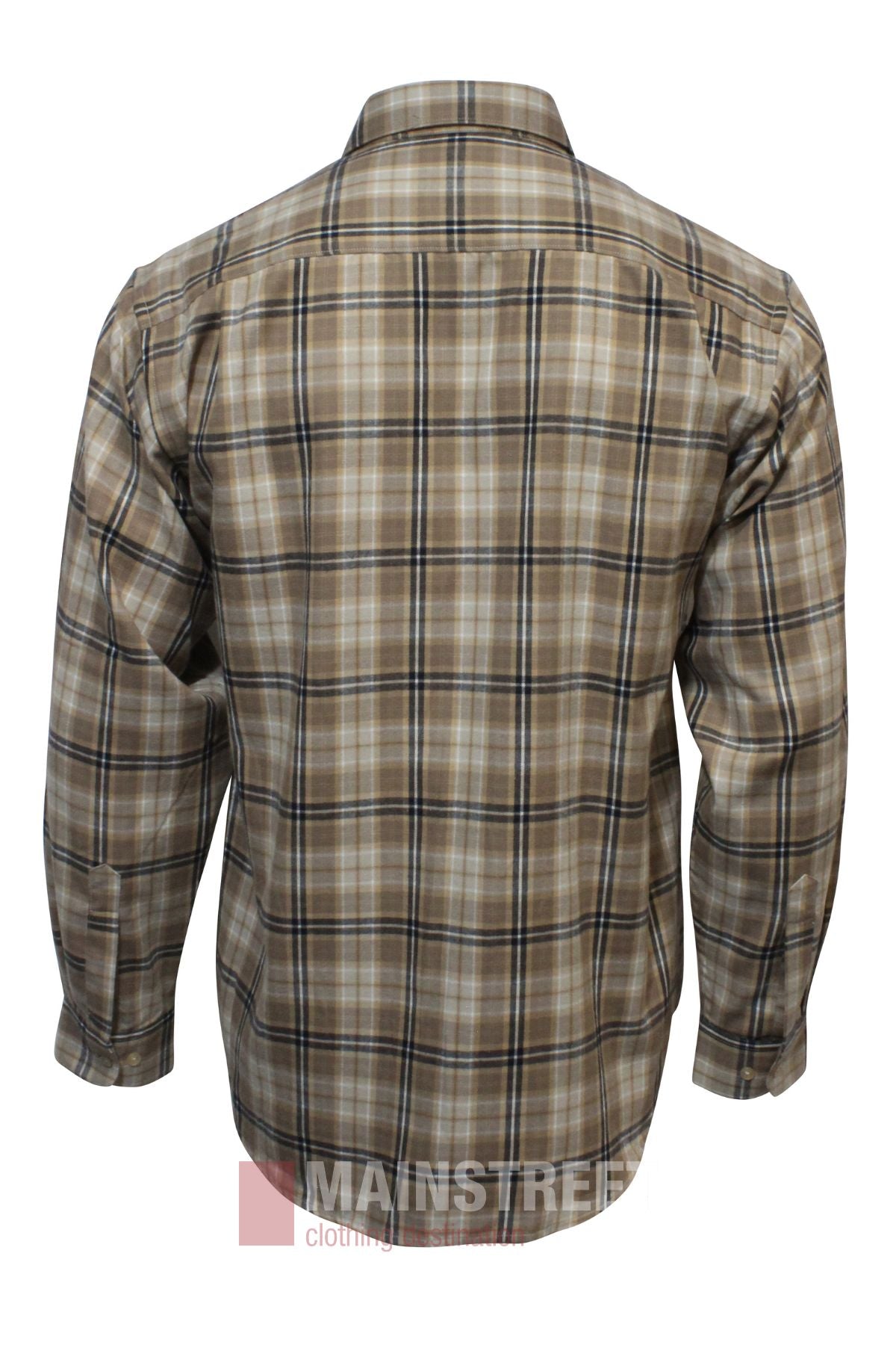 The Bisley Countryman Brushed Shirt is a long-sleeved, button-up shirt with a brown, beige, and black plaid pattern, shown from the back. It features soft polyester-cotton fabric, a classic collar, and a relaxed fit.