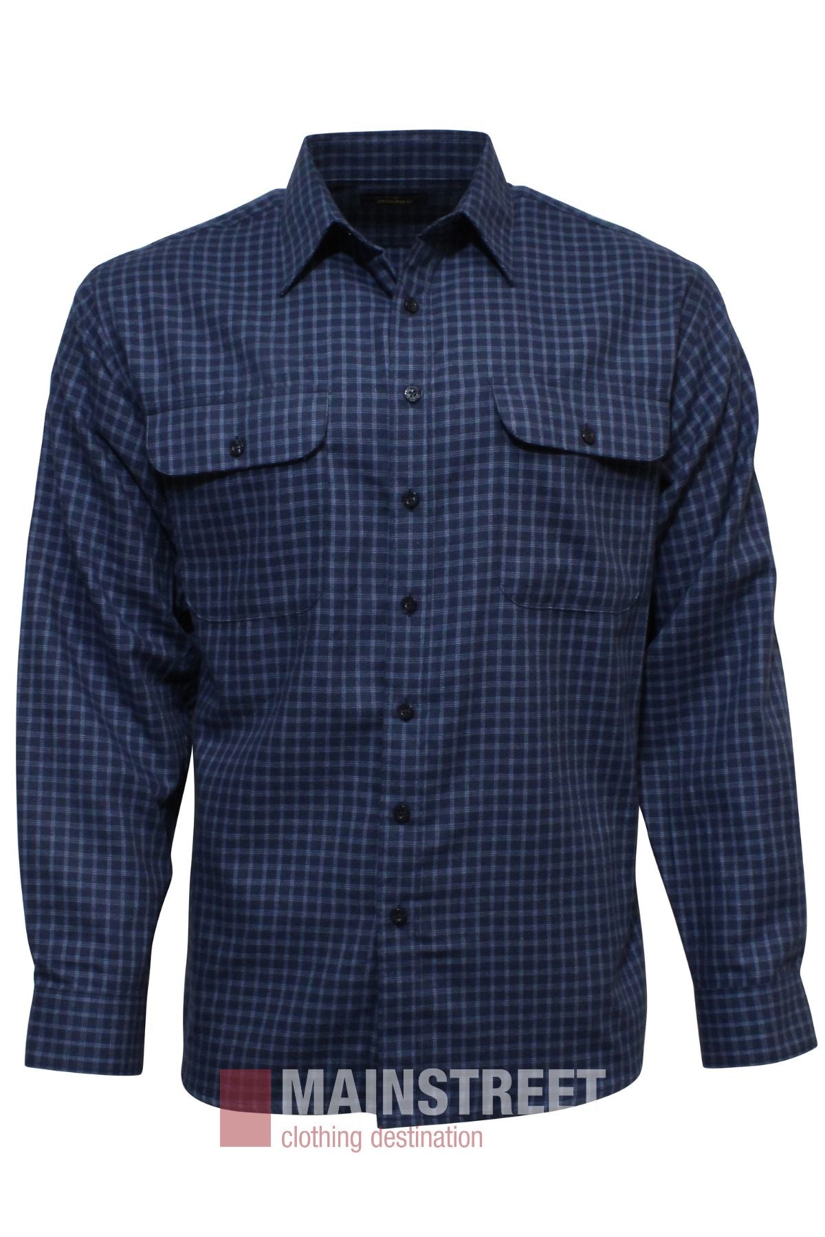 The Bisley Countryman Brushed Shirt is a men's long-sleeved polyester-cotton button-up with a blue and black checkered pattern, two chest pockets with button flaps, a collar, and the "MAINSTREET clothing destination" logo at the bottom center.