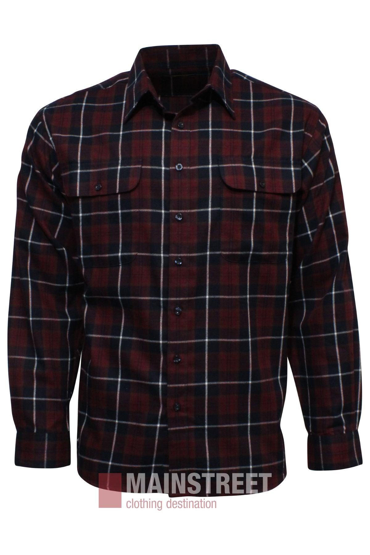 The Bisley Countryman Brushed Shirt is a long-sleeved, button-up shirt in red, black, and white plaid with two chest pockets and flaps, made from polyester cotton and shown on a plain white background.