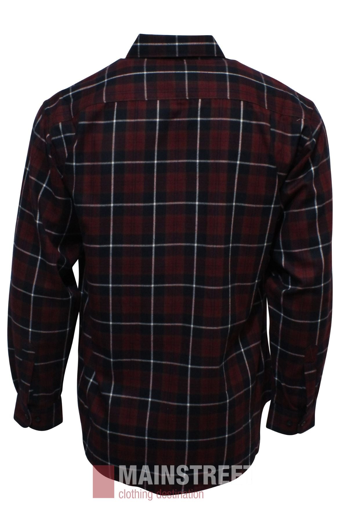 The Bisley Countryman Brushed Shirt is a long-sleeved, button-up shirt with a red, black, and white plaid pattern, shown from the back.