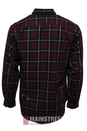The Bisley Countryman Brushed Shirt is a long-sleeved, button-up shirt with a red, black, and white plaid pattern, shown from the back.