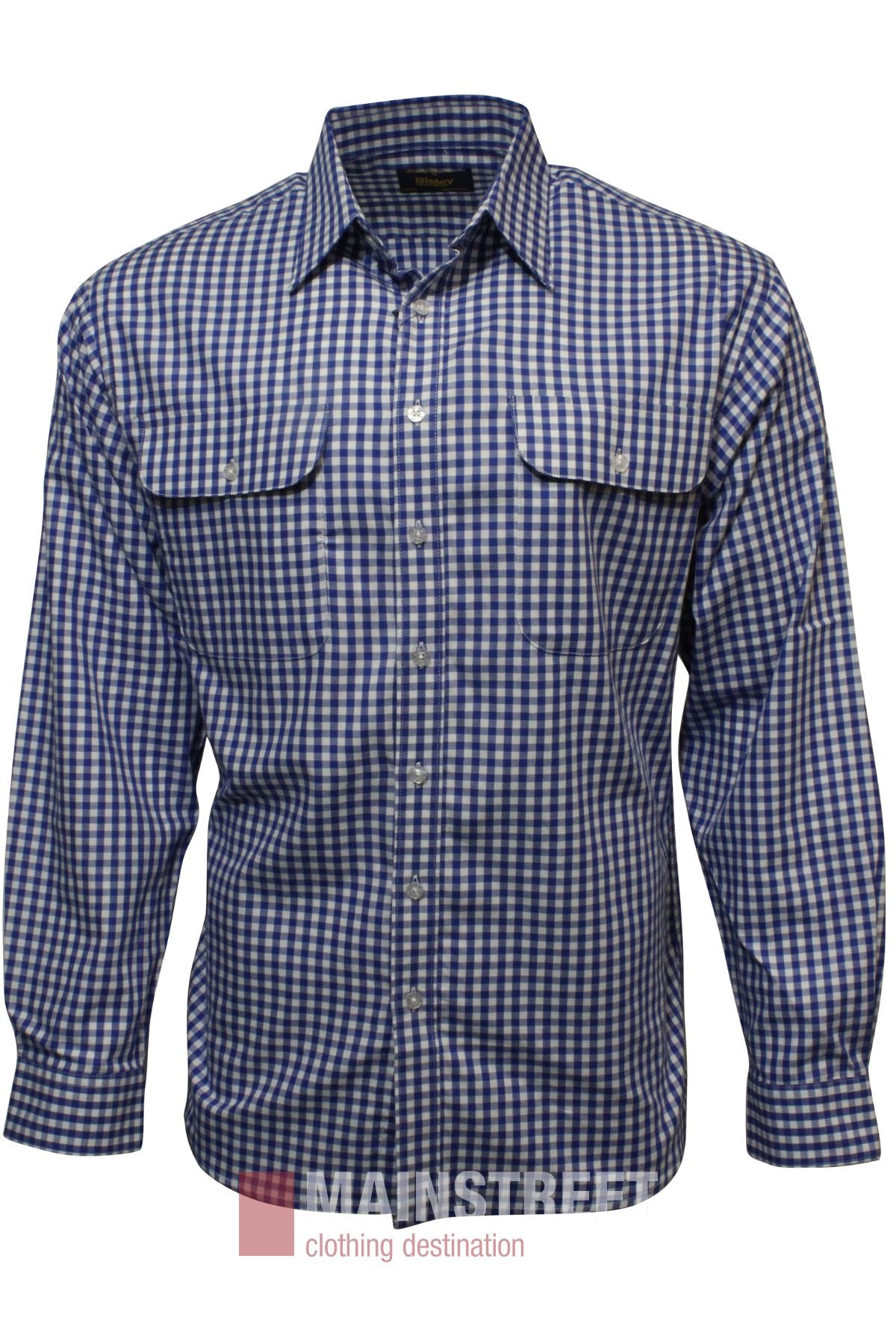The Bisley Countryman Cotton Shirt is a long-sleeved, button-up shirt with blue and white checks, two front chest pockets, and a collar, shown on a plain white background.